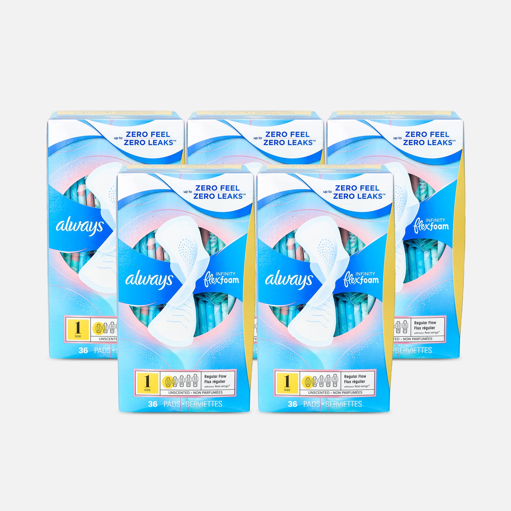 Always Infinity FlexFoam Pads for Women Size 1 Regular Absorbency, with Wings Unscented, 36 ct. (5-Pack)