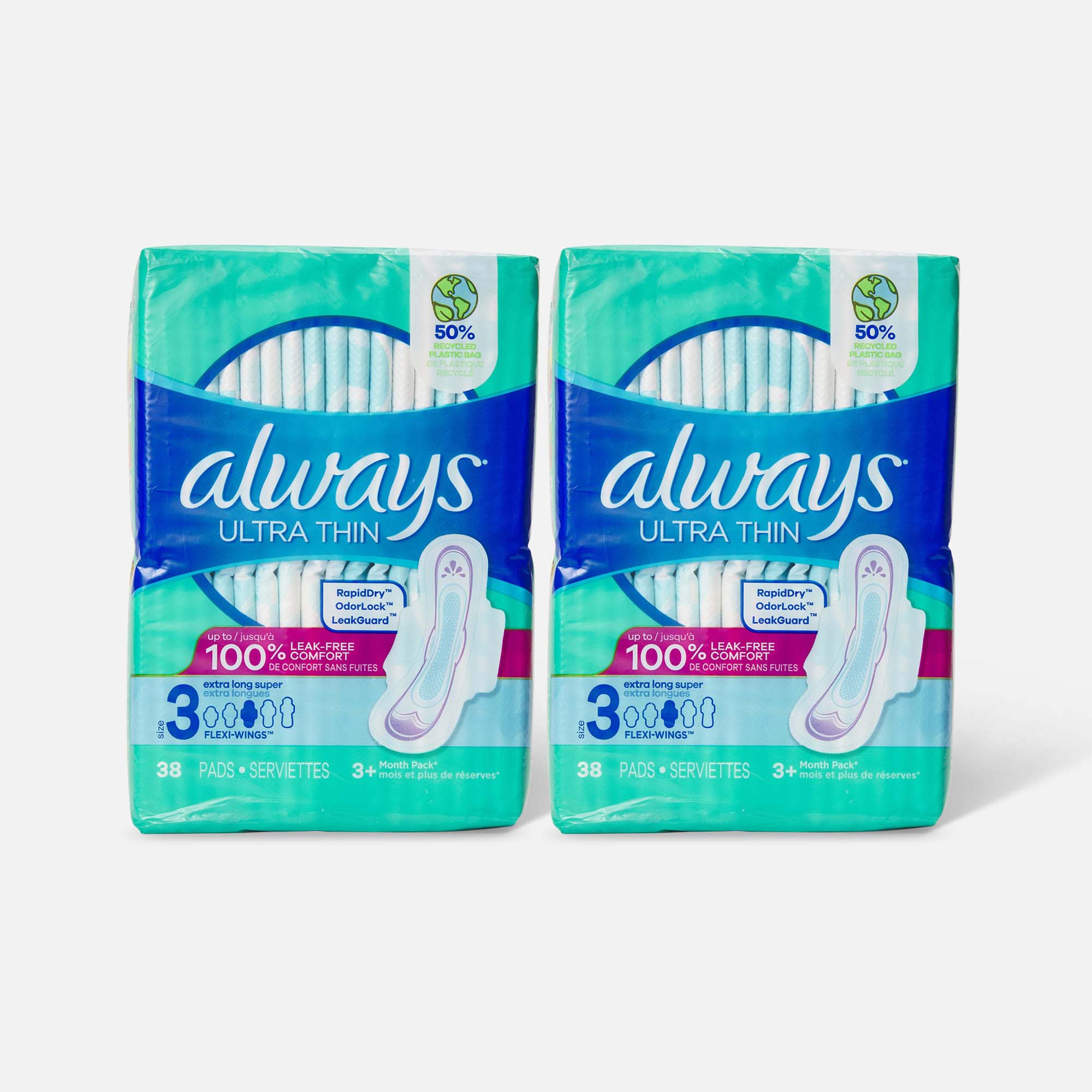 Always Ultra Thin Pads Extra Long Super Absorbency Unscented with Wings, Size 3, 38 ct. (2-Pack)