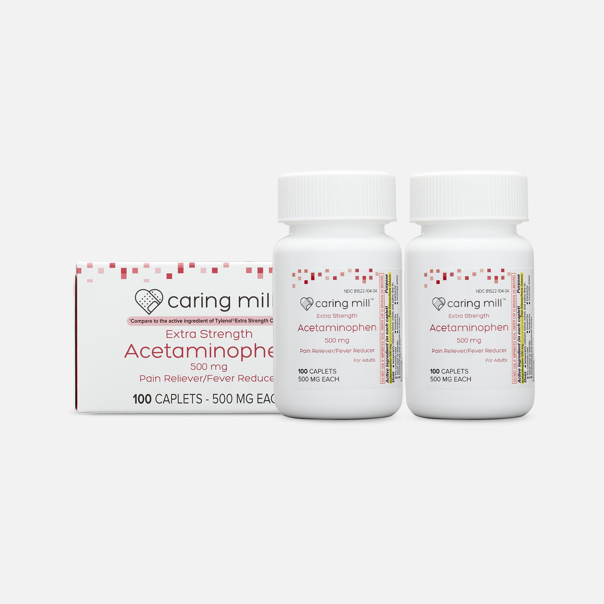 Caring Mill™ Acetaminophen Adult Pain Reliever/Fever Reducer Extra Strength Caplets, 100 ct. (2-Pack)