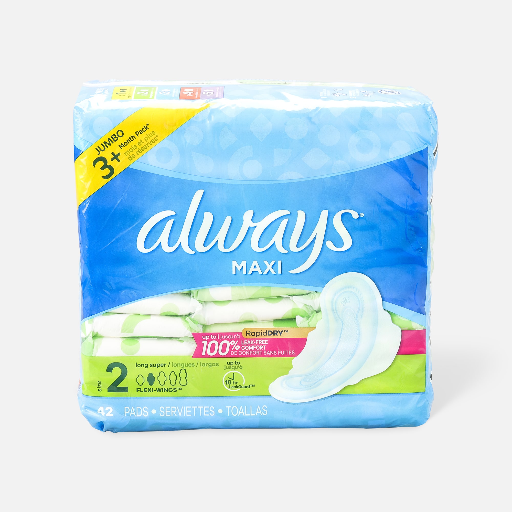 Always Maxi Pads Size 2 Long Super Absorbency Unscented with Wings, 42 ct.