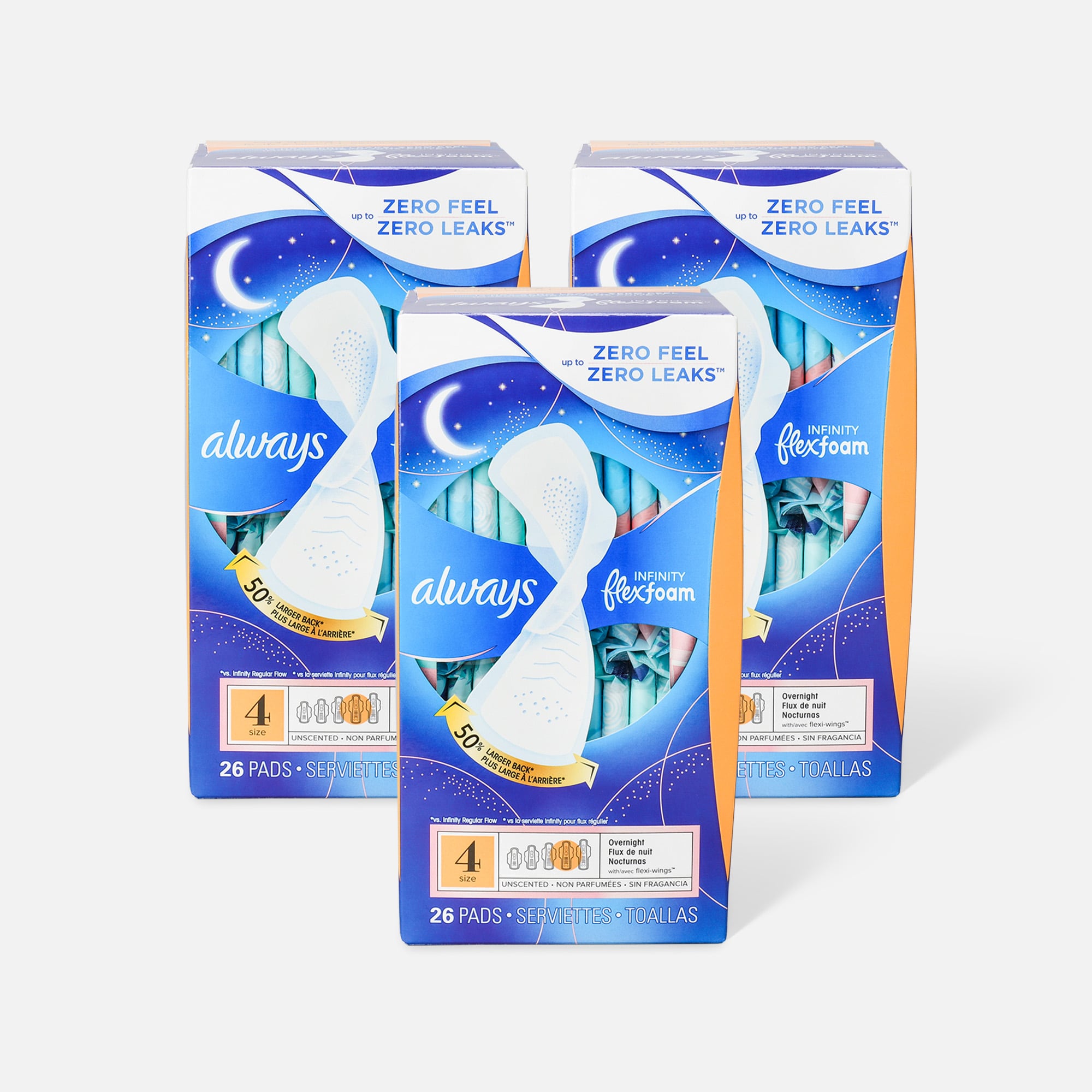 Always Infinity FlexFoam Pads for Women Size 4 Overnight Absorbency, with Wings Unscented, 26 ct. (3-Pack)