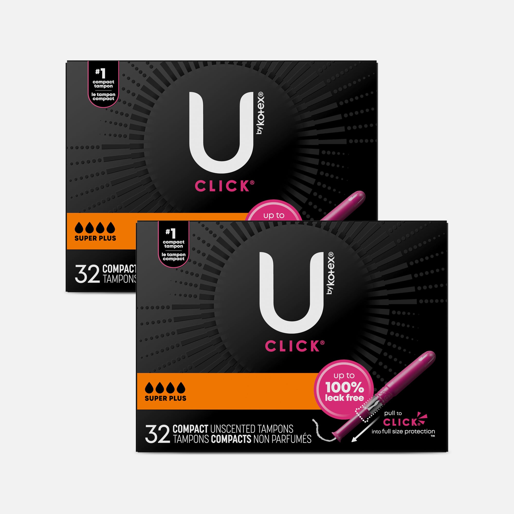 U by Kotex Click Compact Tampons, Super Plus Absorbency, Unscented, 32 ct. (2-Pack)