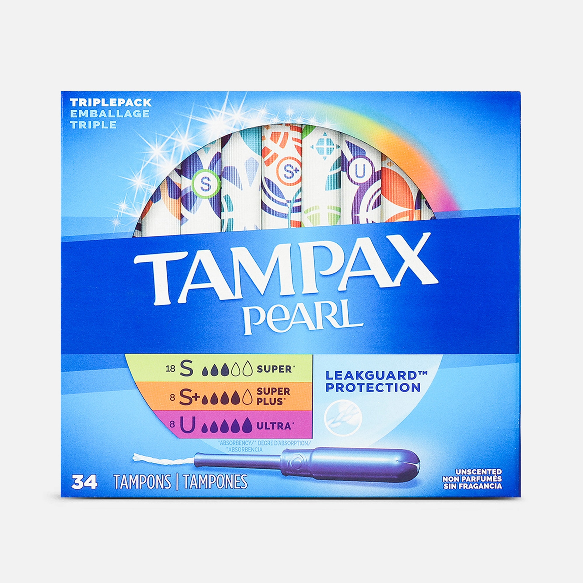 Tampax Pearl Tampons Trio Pack, Super/Super Plus/Ultra Absorbency with BPA-Free Plastic Applicator and LeakGuard Braid, Unscented, 34 ct.