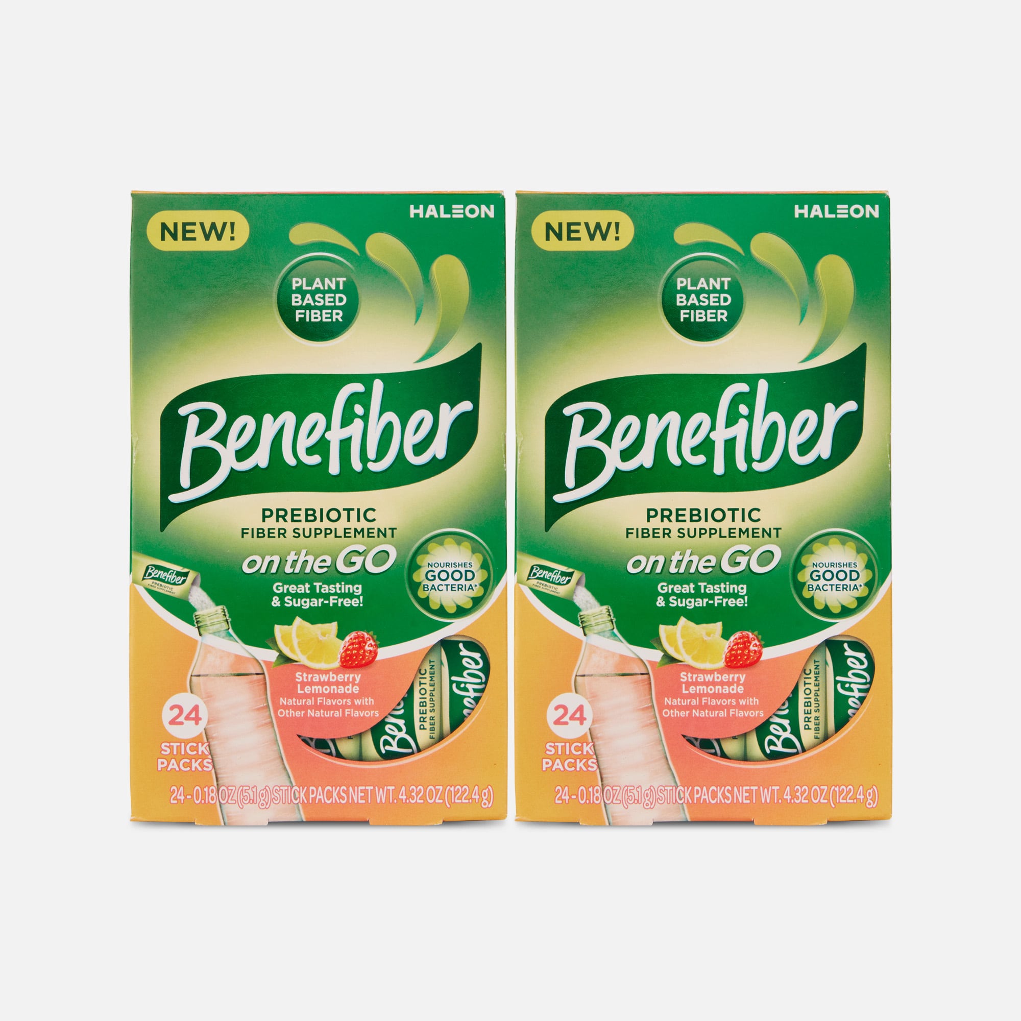 Benefiber On The Go Prebiotic Daily Fiber Supplement Powder Sticks, Strawberry Lemonade, 24 ct. (2-Pack)