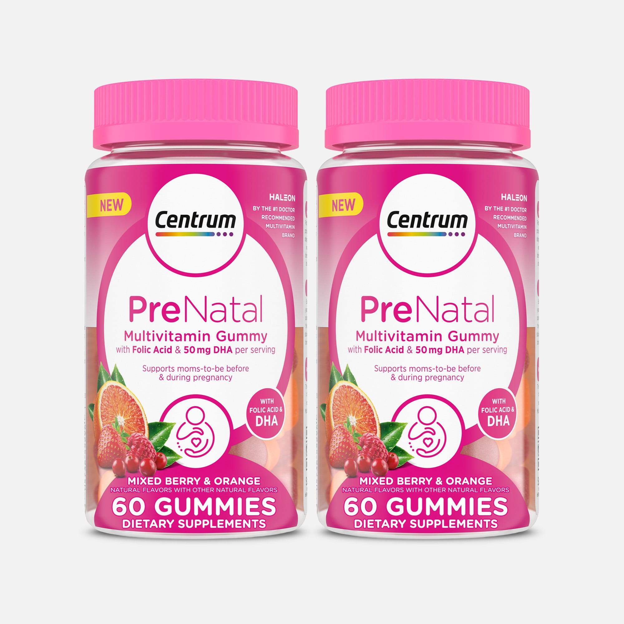 Centrum Prenatal Multivitamin Gummies with DHA and Folic Acid, Mixed Berry & Orange, 60 ct. (2-Pack)