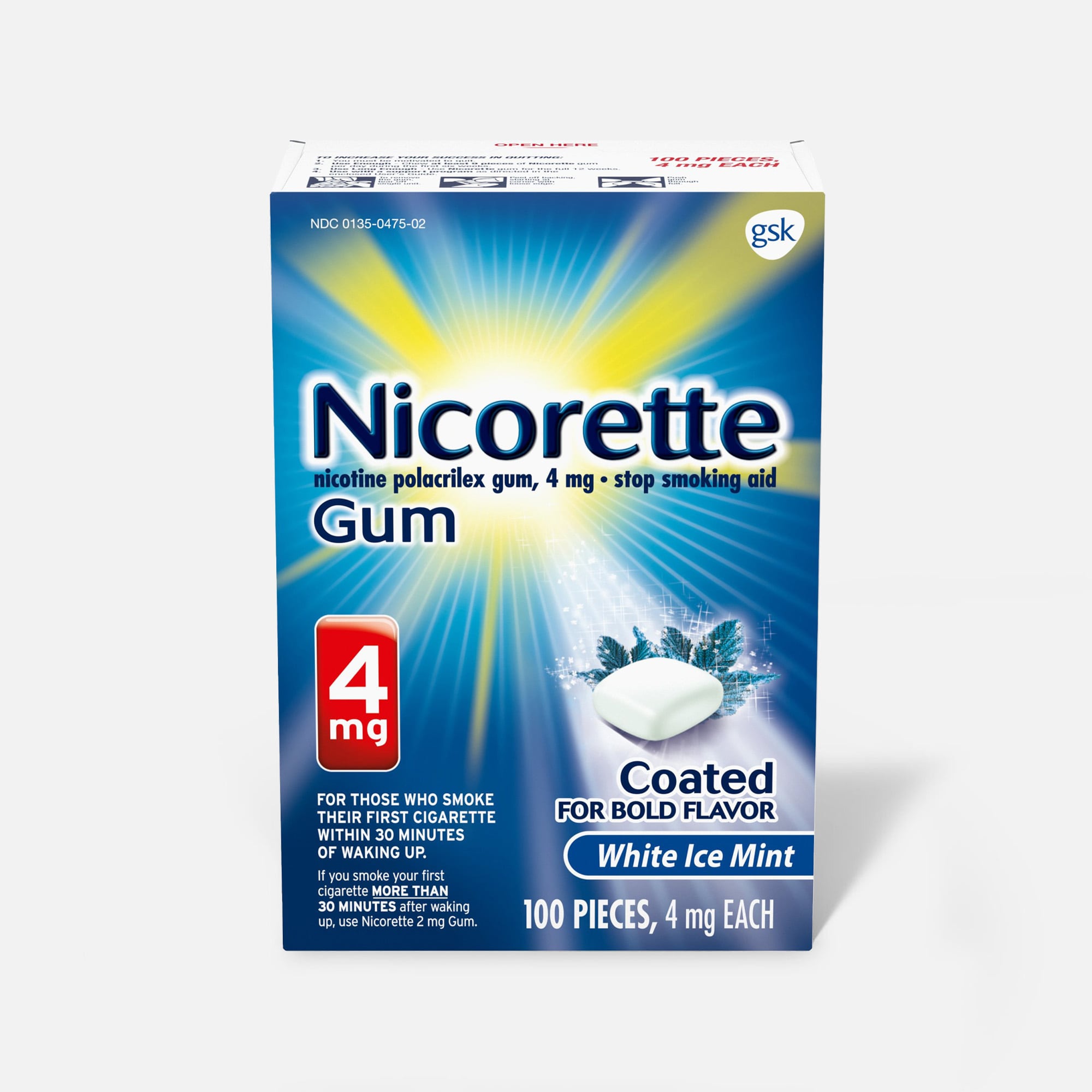 Nicorette Nicotine Gum, White Ice Mint, 4mg, 100 ct.