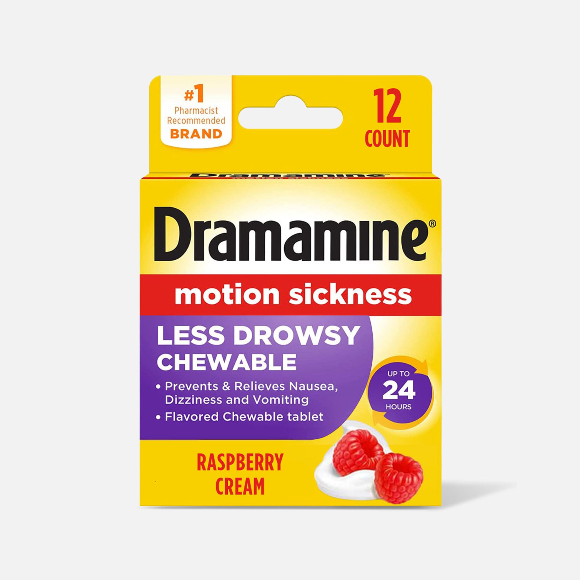 Dramamine Motion Sickness Relief All Day Chewable Tablets, Raspberry Cream, 12 ct.