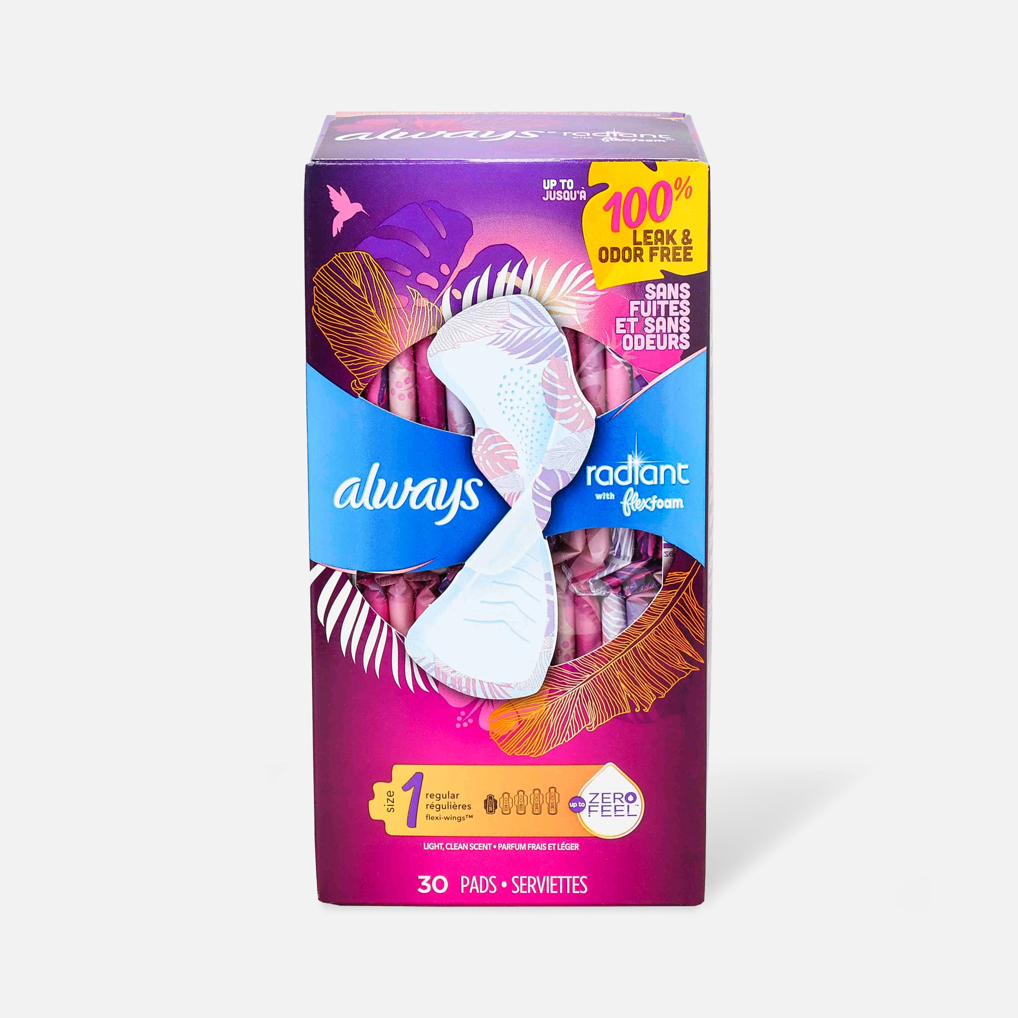 Always Radiant FlexFoam Pads for Women Size 1, Regular Absorbency, with Wings, Scented, 30 ct.