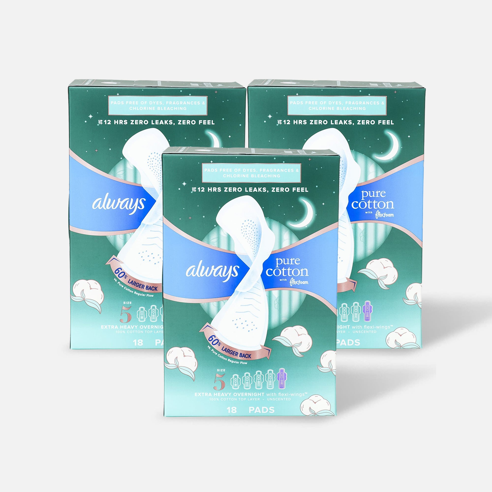 Always Pure Cotton with FlexFoam Pads for Women Size 5 Extra Heavy Overnight Absorbency, with Wings, 18 ct. (3-Pack)