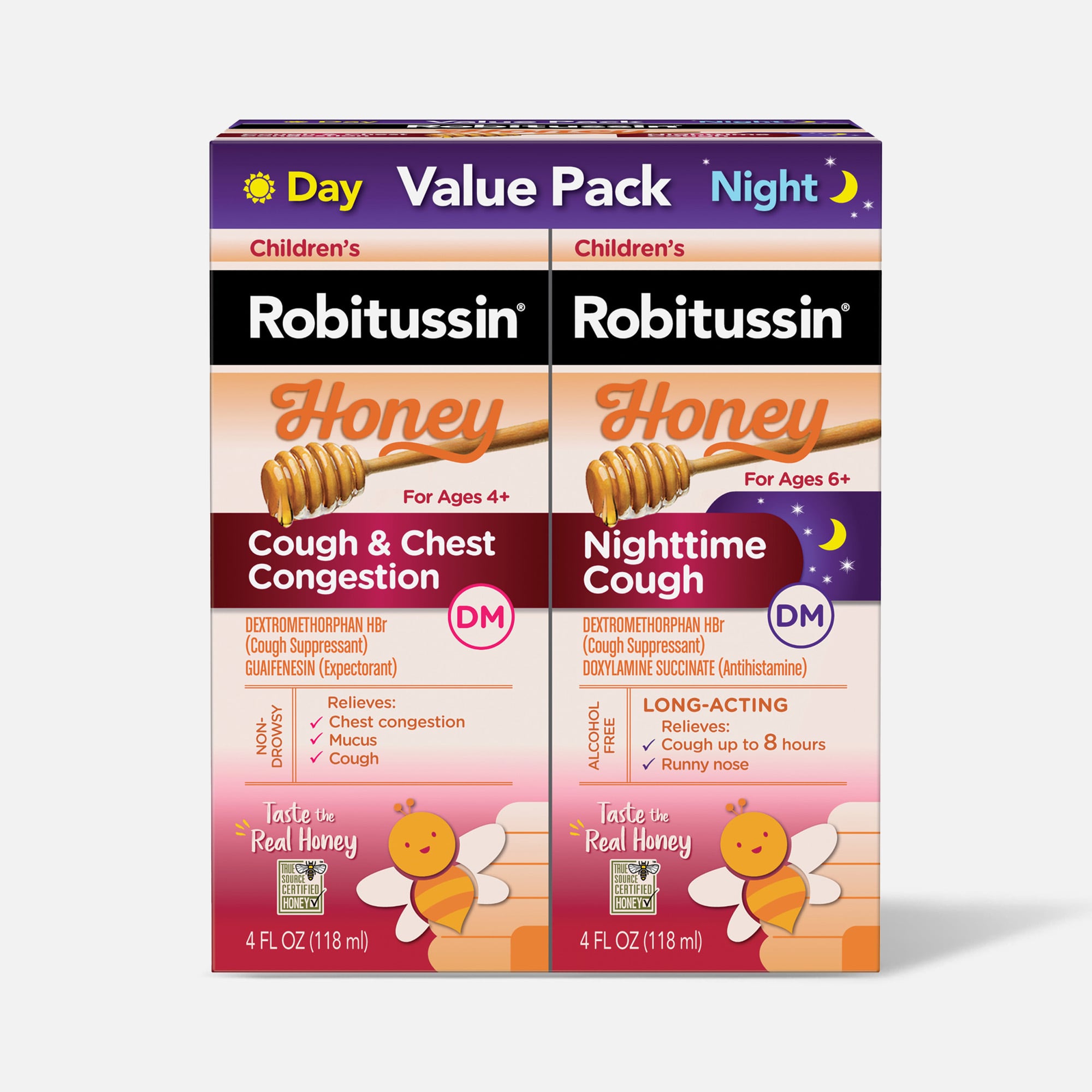 Children's Robitussin Cough & Chest Congestion DM and Nighttime Cough DM, Variety Pack, Honey Flavor, 2X4 fl oz. Bottles